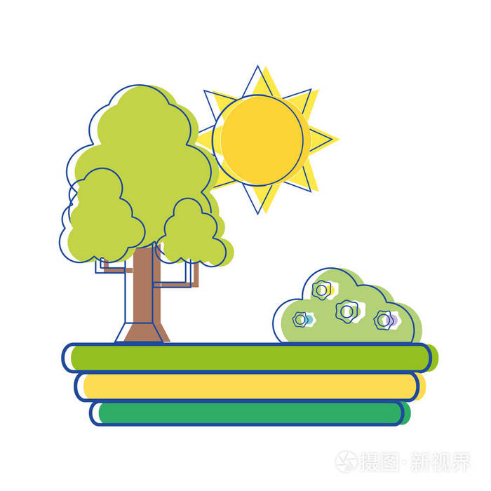 美丽的树有太阳和灌木有花的矢量插图