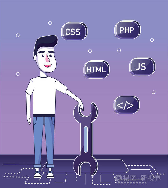 软件程序员和元素卡通矢量图平面设计