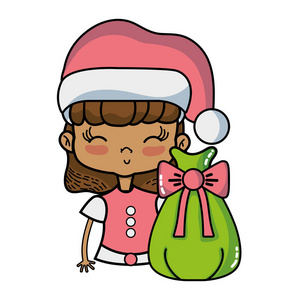 带帽子的好女孩和圣诞袋矢量插图