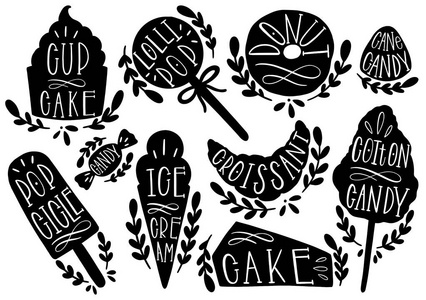 糖果集矢量插图。形状纸杯蛋糕，冰淇淋，甜甜圈，冰棍，棉花糖，棒棒糖，羊角面包邮票图标手绘矢量插图