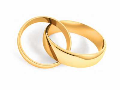 白色背景上的金色结婚戒指。