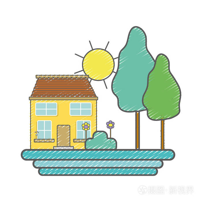 有树的房子,有花的植物和太阳矢量插图插画-正版商用图片17qjxk-摄图
