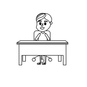 线男孩学生坐在木桌矢量插图