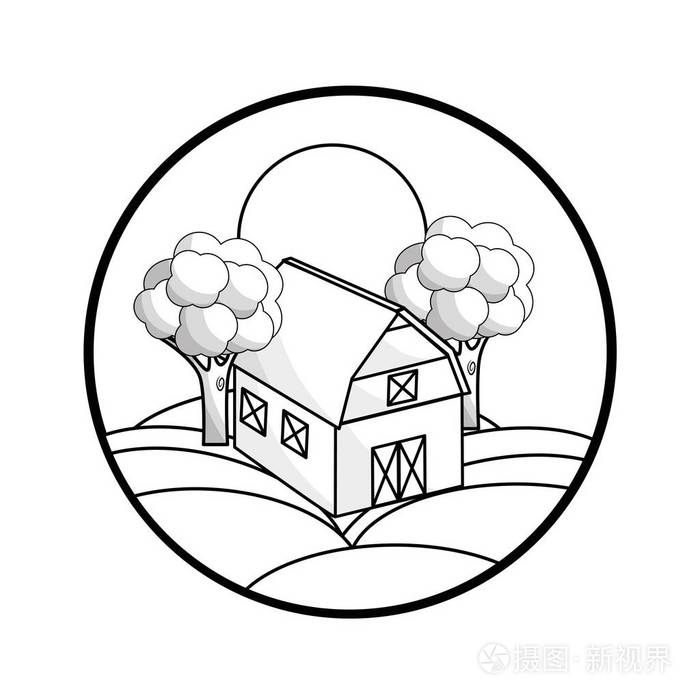轮廓圆形象征农场在山上与树木和太阳矢量插图