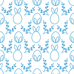 无缝图案与复活节兔子耳朵，鸡蛋，柳枝。 复活节快乐。 节日背景。 横幅海报或打印的设计。