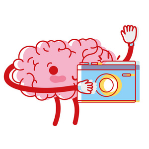 卡瓦伊快乐的大脑与数码相机矢量插图