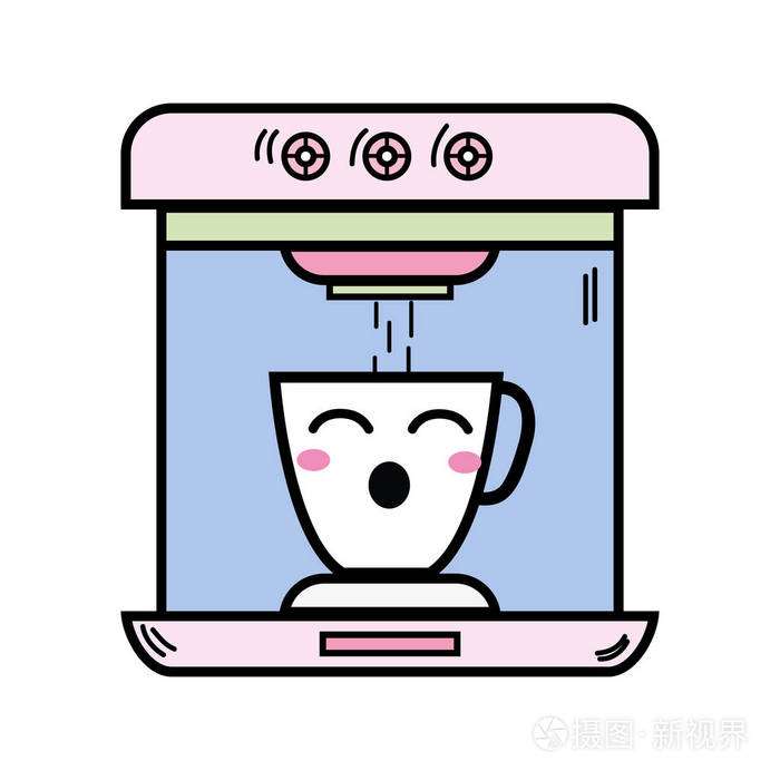 卡瓦伊可爱有趣的咖啡机技术矢量插图