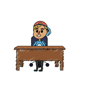 男孩学生坐在木桌上矢量插图