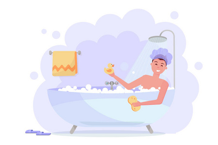 戴淋浴帽的男人用淋浴洗澡.