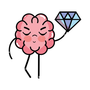 图标可爱的卡瓦伊大脑与许多钻石矢量插图。