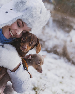 年轻的女人在外面雪地里玩得很开心。 雌性在寒冷的冬天和她的小纯种狗小狗玩耍。