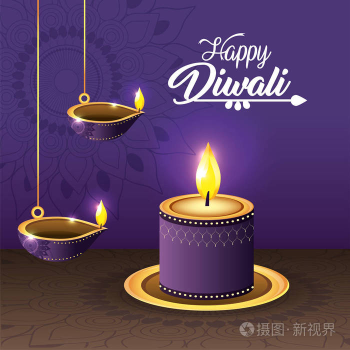 用曼陀罗矢量插图的DiwaliVassels和蜡烛LITS。