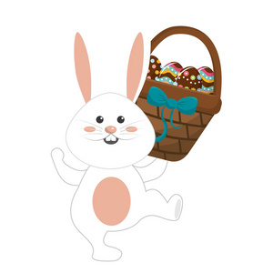 可爱的兔子，手中有一篮子鸡蛋，矢量插图