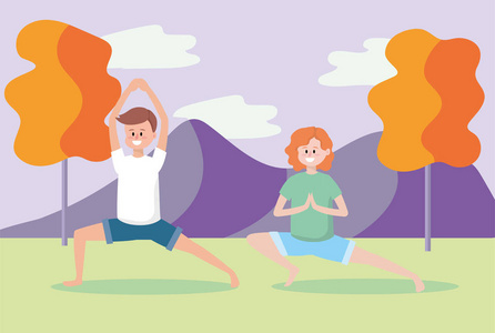 男人和女人练习瑜伽运动矢量插图