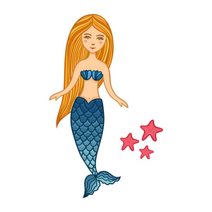 手绘可爱的小美人鱼女孩与海星.颜色剪影被隔绝的动画片例证照片