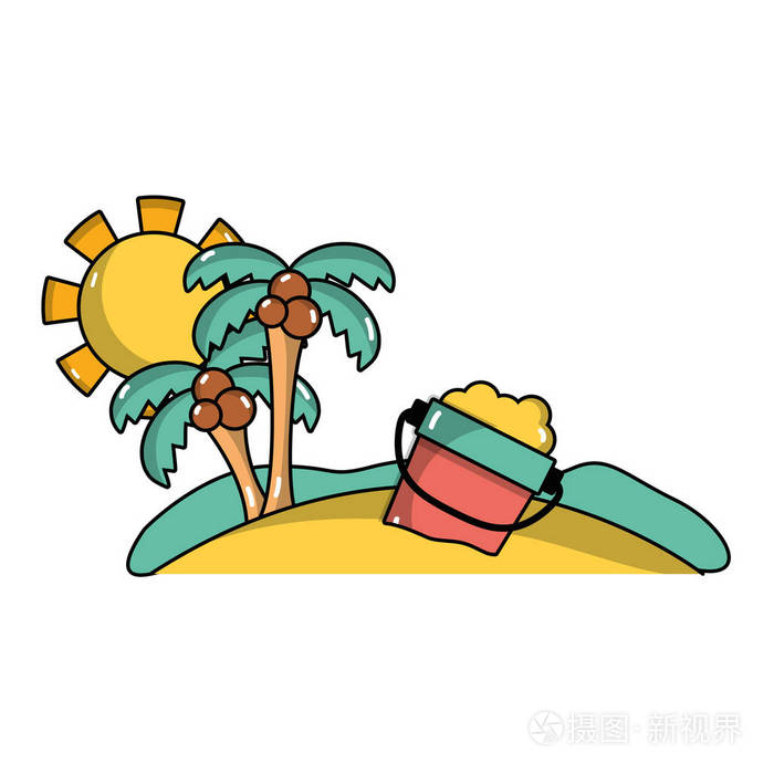 棕榈树和一瓶沙子在海滩度假矢量插图