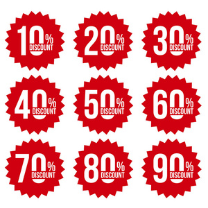红色折扣贴纸设置销售百分比数字。从10岁到90岁