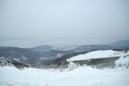 山里的冬天。 雪坡。 滑雪坡向脊柱倾斜。 乌克兰