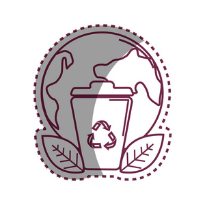 贴纸星球和垃圾桶，带有回收符号和树叶矢量插图