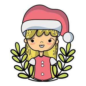漂亮的女孩，有圣诞服装和树枝，树叶设计矢量插图