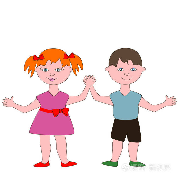 两个孩子,一个穿蓝色t恤和黑色短裤的男孩,一个穿粉色连衣裙的女孩