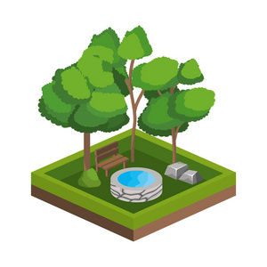 植物性质和植物主题的等距树木和水源隔离设计矢量图