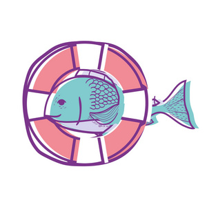 鱼与救生圈物体设计矢量插图