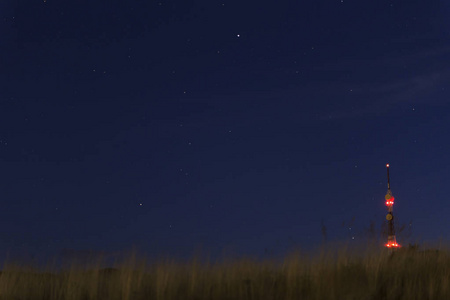 蓝色的夜空，繁星点点，草地在空中穿梭