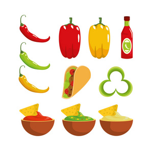 设置传统的墨西哥酱汁和智利胡椒矢量插图
