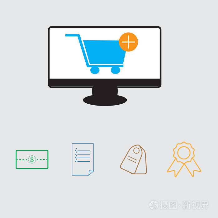 电脑上有图标在图片中有一张在互联网上购物的图片，一个带有篮子的显示器，购买方便，付款方便，各种优质商品方便。