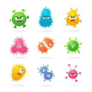 有趣的卡通人物。五颜六色的细菌。矢量集