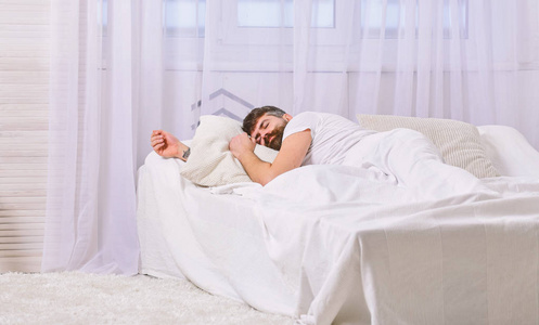 冷静的脸上睡在白色床单枕头上的家伙午睡和午睡的概念。男子躺在床上, 覆盖着毯子, 背景白色窗帘。有胡子睡觉, 放松, 小睡, 休