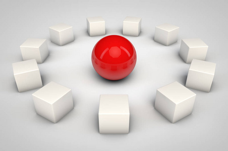 三维红色球体和白色立方体代表领导思想