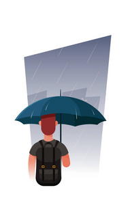 年轻人在雨下带着雨伞走路。 矢量插图