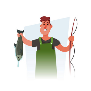 快乐的人抱着大鱼. 矢量插图照片