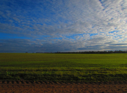 蓝蓝的天空背景上绿亮的田野，白云斑斓