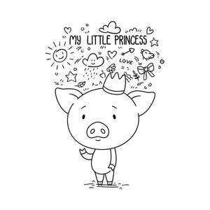 s day. Cute piggy in crown. Kid illustration. Illustration for c