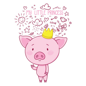 s day. Cute piggy in crown. Kid illustration. Illustration for c