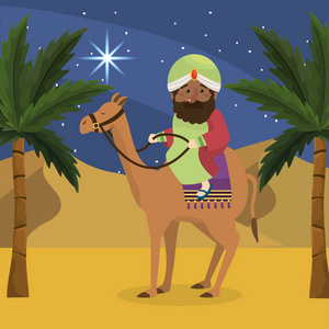 巴尔萨扎骑骆驼，棕榈树矢量插图