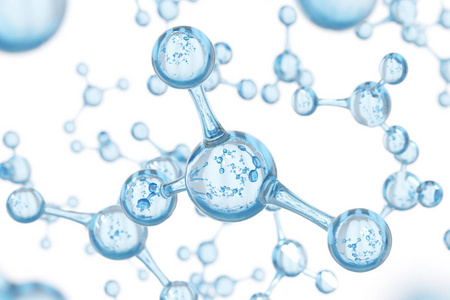 抽象水分子设计。原子。横幅或传单的抽象水背景。科学或医学背景。3d 渲染插图