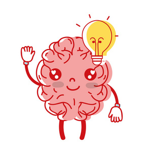 卡瓦伊快乐的大脑灯泡想法矢量插图