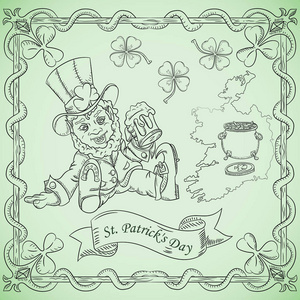 以圣帕特里克日庆祝活动为主题的矢量轮廓插图着色小妖矮人端着一杯啤酒坐着