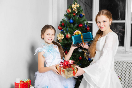 在画室的圣诞树旁摆着节日礼服的姐妹们