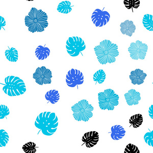 浅蓝色矢量无缝自然图案与花叶。 闪烁的抽象插图与叶子和花。 名片网站模板。