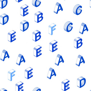 浅蓝色矢量无缝背景与三维英语符号。 带有彩色3D拉丁字母的抽象插图。 织物壁纸设计图案。