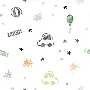 深绿色黄色矢量无缝图案在圣诞节风格。 彩色插图与玩具汽车巴伦糖果星球。 新年明信片的模板。