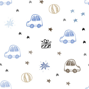 浅蓝黄色矢量无缝模板在嘉年华风格。 闪亮的插图与玩具汽车巴伦糖果星球。 假日广告的设计。