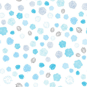 浅蓝色矢量无缝天然艺术品与叶子花。 闪烁的抽象插图与叶子和花。 名片网站模板。