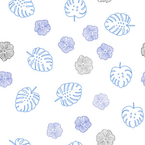 浅蓝色矢量无缝自然图案与花叶。 五颜六色的涂鸦风格的插图与叶子的花。 名片网站模板。