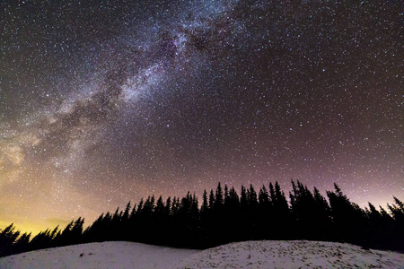 冬山夜景全景。 银河明亮的星座在深蓝色的星空上，在黑暗的云杉松树上，森林在日落后的地平线上柔和地发光。 广角射击。